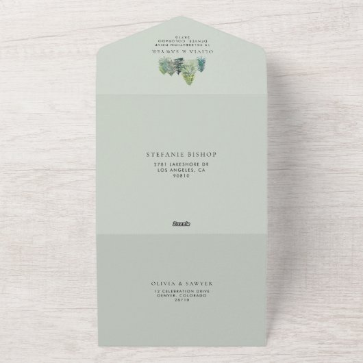 雪の水色の常緑林結婚の オールインワン招待状 (外側)