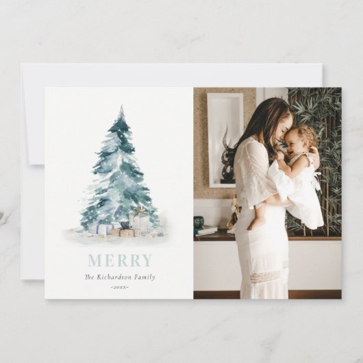 雪の水色パインクリスマスツリーギフト写真 シーズンカード (正面)
