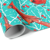 雪の深紅色ウィンターベリーのクリスマス/深いシアン ラッピングペーパー (ロールコーナー)