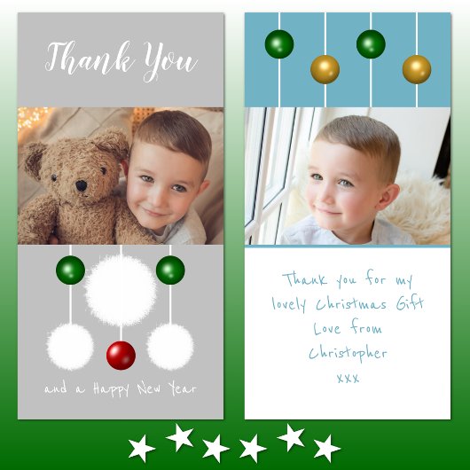 雪の玉と写真のグレーブルーのクリスマス サンキューカード