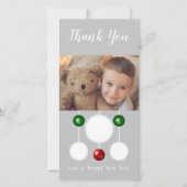 雪の玉と写真をボーブル灰色の青のクリスマス サンキューカード (正面)