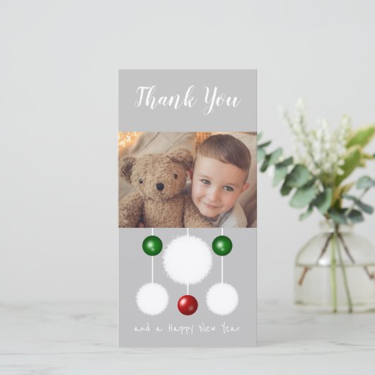雪の玉と写真をボーブル灰色の青のクリスマス サンキューカード (スタンド正面)
