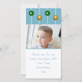 雪の玉と写真をボーブル灰色の青のクリスマス サンキューカード (裏面)