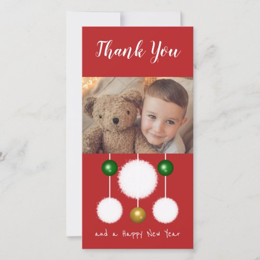 雪の玉と写真をボーブル赤いアイボリークリスマス サンキューカード (正面)