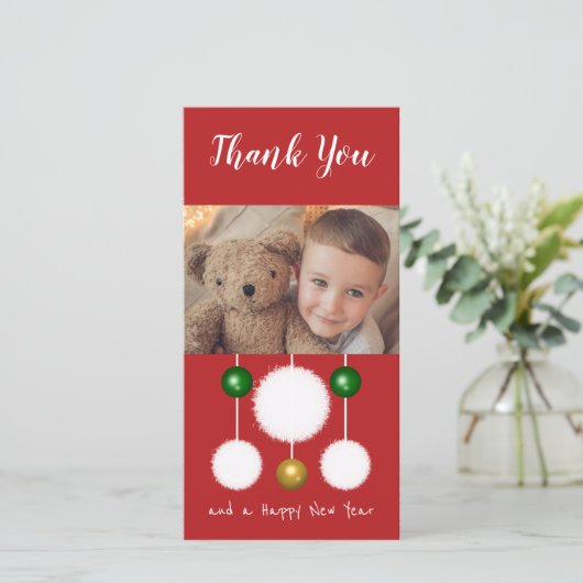 雪の玉と写真をボーブル赤いアイボリークリスマス サンキューカード (スタンド正面)