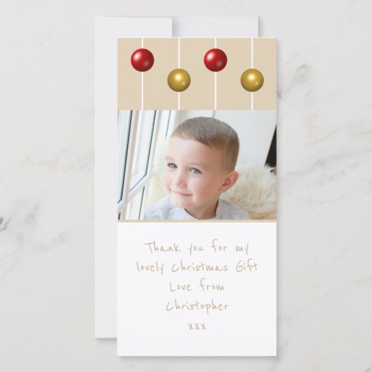 雪の玉と写真をボーブル赤いアイボリークリスマス サンキューカード (裏面)