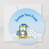 雪の玉を持って座っている小さなペンギン 招待状 (正面)