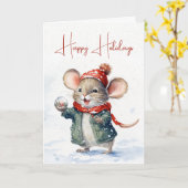 雪の球体を持つ可愛いクリスマスマウス カード (黄色い花)