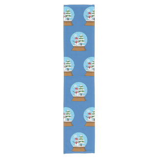 雪の球体雪だるまと松の木 ショートテーブルランナー