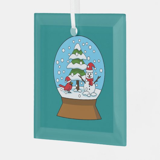 雪の球体(鳥)ショウジョウコウカンチョウ雪だるまと松の木 ガラスオーナメント (正面左)