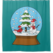 雪の球体（鳥）ショウジョウコウカンチョウ雪だるまと松の木 シャワーカーテン (正面)