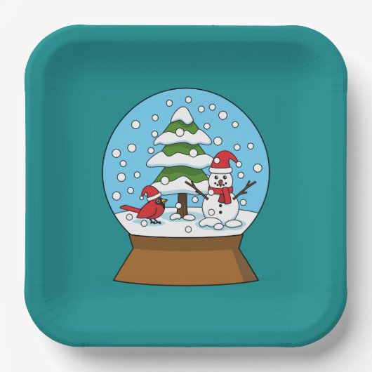 雪の球体(鳥)ショウジョウコウカンチョウ雪だるまと松の木 ペーパープレート (正面)