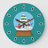 雪の球体（鳥）ショウジョウコウカンチョウ雪だるまと松の木 ラージ壁時計 (正面)