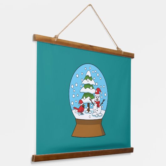 雪の球体(鳥)ショウジョウコウカンチョウ雪だるまと松の木 吊り下げ型タペストリー (傾斜あり)