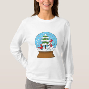 雪の球体(鳥)ショウジョウコウカンチョウ雪だるまと松の木 Tシャツ