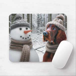 雪の男とアイリッシュセッター犬 マウスパッド