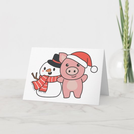 雪の男と一緒に冬のクリスマス休暇のブタ C シーズンカード (正面)