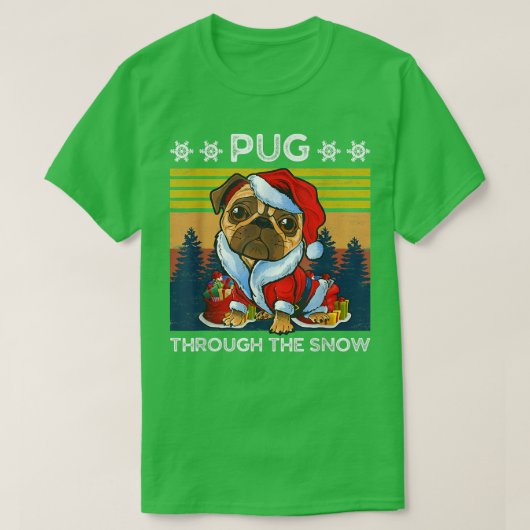 雪の男の女性を通して陽気なクリスマスのパグ犬 Tシャツ (デザイン正面)