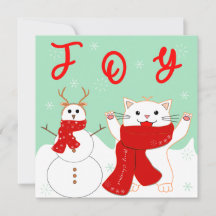 雪の男の子とハッピーキャット | かわいいクリスマス フラットカード