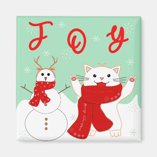 雪の男の子と幸せな猫 | かわいいクリスマスマグネット マグネット (正面)