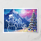 雪の男の家族，紫のメリークリスマス，銀 箔シーズンカード (正面)