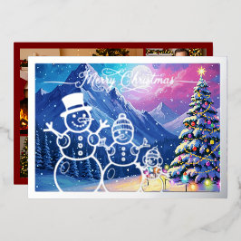 雪の男の家族、赤のメリークリスマス、シルバー 箔シーズンカード