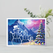 雪の男の家族、赤のメリークリスマス、シルバー 箔シーズンカード (立ち正面)