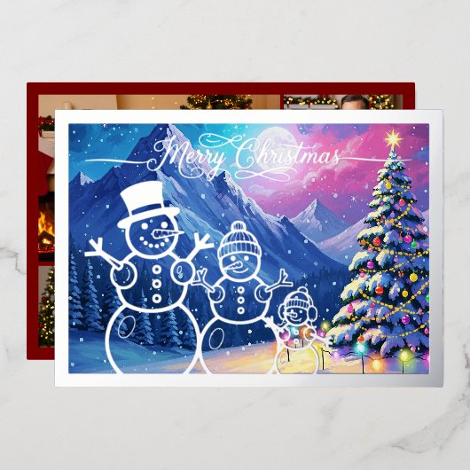 雪の男の家族、赤のメリークリスマス、シルバー 箔シーズンカード (正面/裏面)