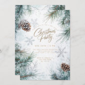 雪の白い松ぼっくりと雪の結晶のクリスマス 招待状 (正面/裏面)