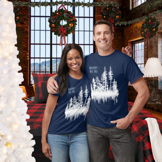 雪の白い森の夜の空の野生の馬ハッピーホーホ Tシャツ