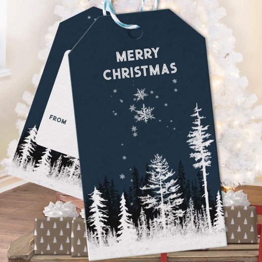 雪の白い森の夜メリークリスマス ギフトタグ