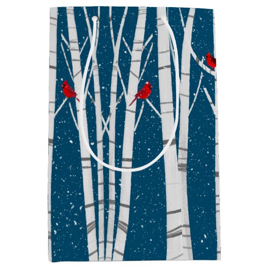 雪の白い樺の木の木 ミディアムペーパーバッグ (正面)