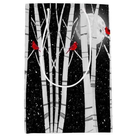 雪の白い樺の木の木 ミディアムペーパーバッグ (正面)