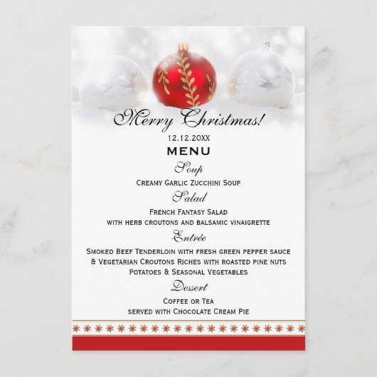 雪の白く赤いクリスマス夕食メニューテンプレートカード メニュー (正面)