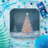 雪の白熱［赤熱］光を放つ白いクリスマスツリー ペーパープレート (パーティー)