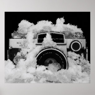 雪の白黒写真撮影のヴィンテージのカメラ ポスター