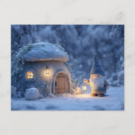 雪の石造りの小屋の外にランタンを掲げるノーム ポストカード