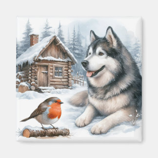 雪の磁石のハスキーとロビン、雪の犬 マグネット