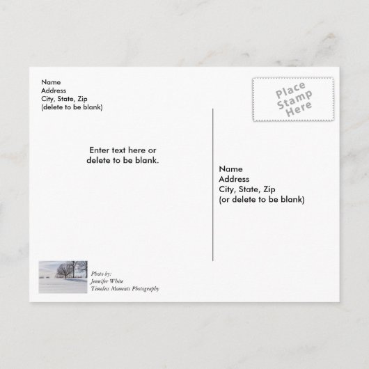 雪の積もった丘の上のベンチ 感謝の気持ちを込めたポストカード ポストカード (裏面)