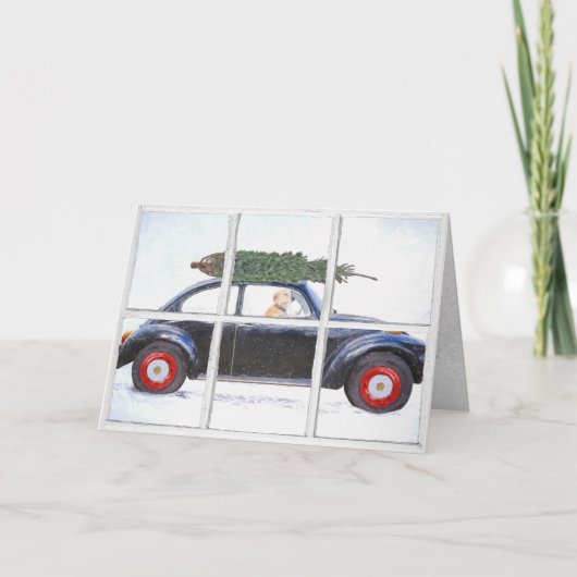 雪の窓に犬を連れて車に乗っているクリスマスツリー カード (正面)