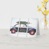 雪の窓に犬を連れて車に乗っているクリスマスツリー カード (黄色い花)