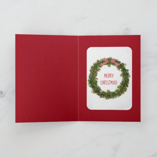 雪の窓に飾った赤いクリスマス飾り シーズンカード (内部)