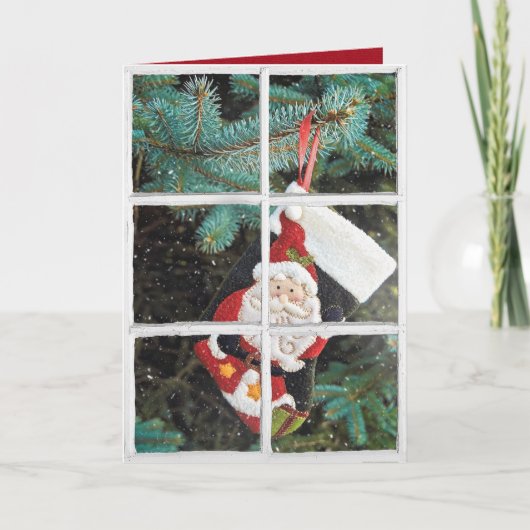 雪の窓のクリスマスサンタストッキング シーズンカード (正面)