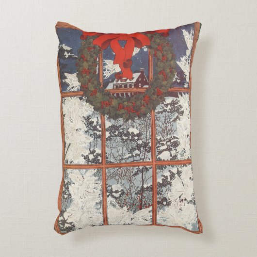雪の窓のヴィンテージクリスマスリース アクセントクッション (正面(垂直))