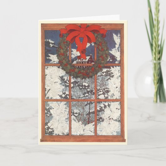 雪の窓のヴィンテージクリスマスリース シーズンカード (正面)