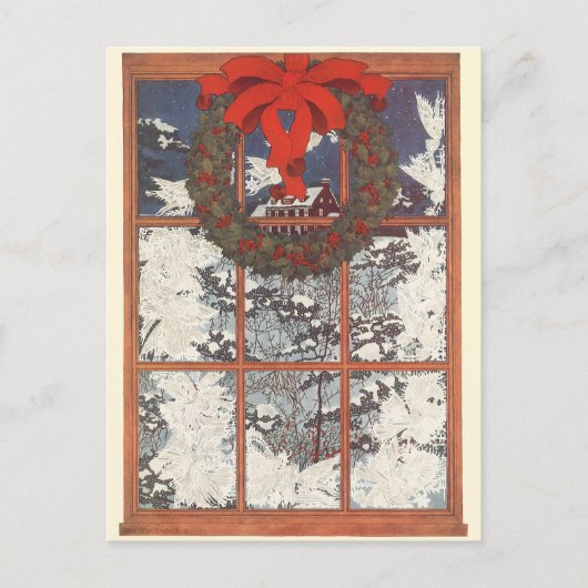 雪の窓のヴィンテージクリスマスリース シーズンポストカード (正面)