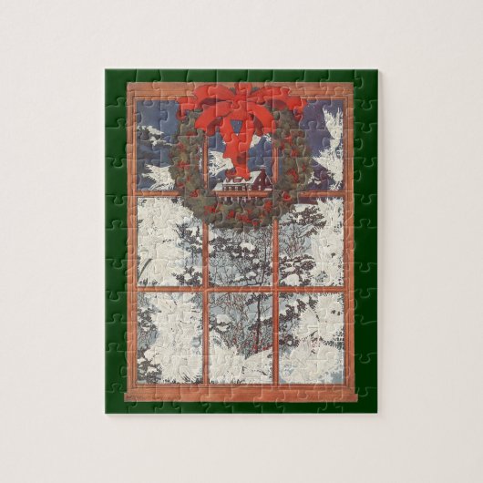 雪の窓のヴィンテージクリスマスリース ジグソーパズル (縦)