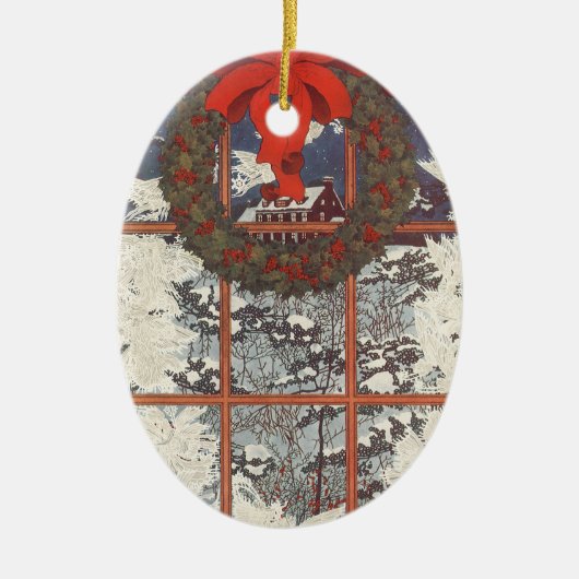 雪の窓のヴィンテージクリスマスリース セラミックオーナメント (正面)