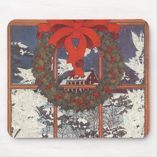 雪の窓のヴィンテージクリスマスリース マウスパッド (正面)