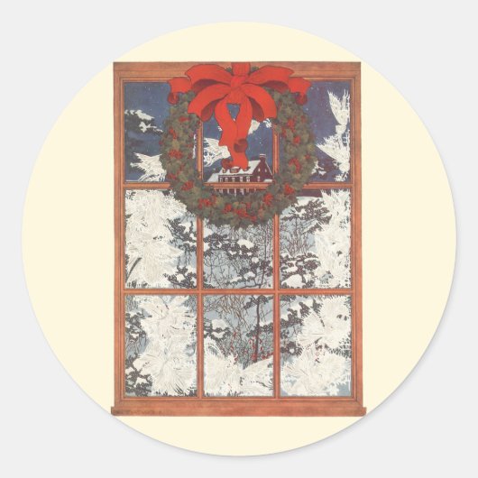 雪の窓のヴィンテージクリスマスリース ラウンドシール (正面)